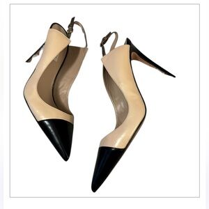 Pura Lopez Pointy Toe Cream Black Colorblock Slingback Stiletto Heels Sz 39.5